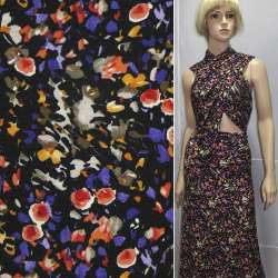 Трикотаж вискозный стрейч черный с фиолетово-оранжевыми цветами ш.149