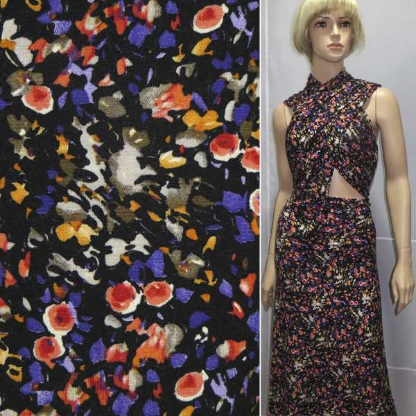 Трикотаж вискозный стрейч черный с фиолетово-оранжевыми цветами ш.149