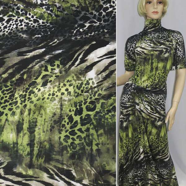 Трикотаж вискозный стрейч молочно-зеленый с черным леопардом, раппорт 52см, ш.146