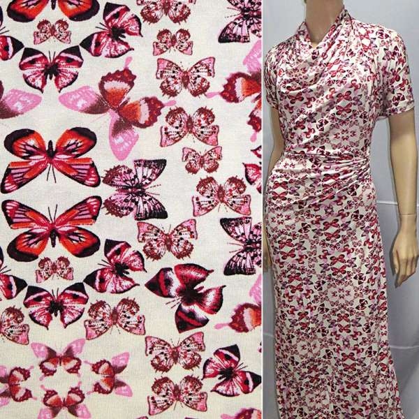 Трикотаж вискозный стрейч молочный с бордовыми бабочками ш.152