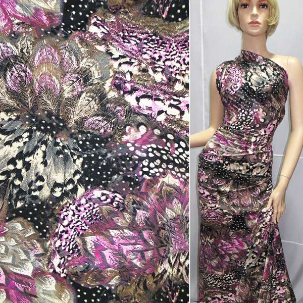 Трикотаж вискозный стрейч коричнево-черный с розовым, перья ш.150