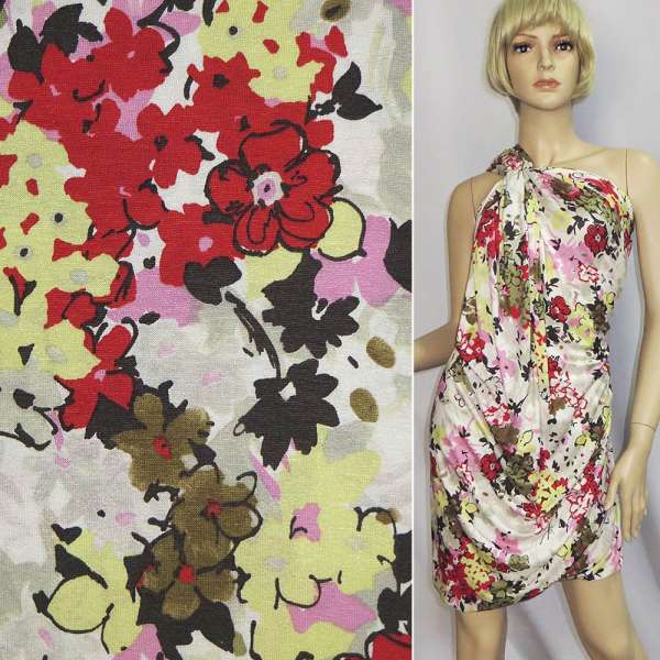 Трикотаж віскозний стрейч молочний з червоно-жовтими квітами ш.149