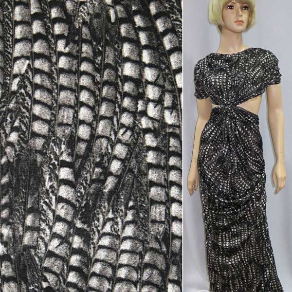 Трикотаж вискозный стрейч коричневый темный с белым принт рептилия ш.143