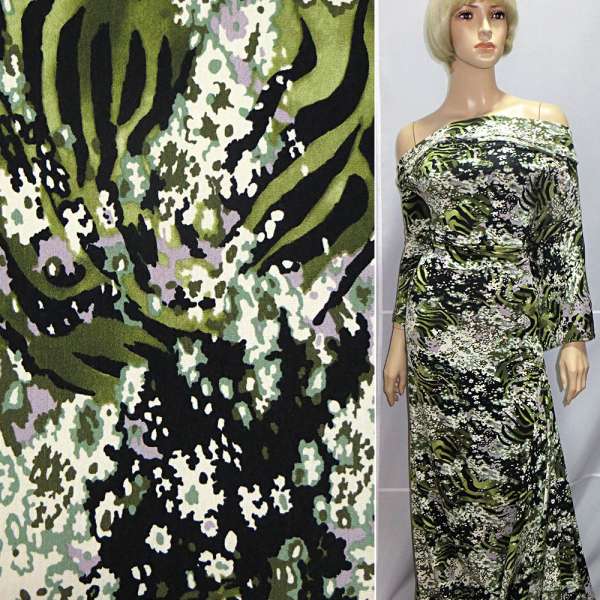 Трикотаж вискозный стрейч принт зебра зелено-черный  и мелкие белые цветы ш.149