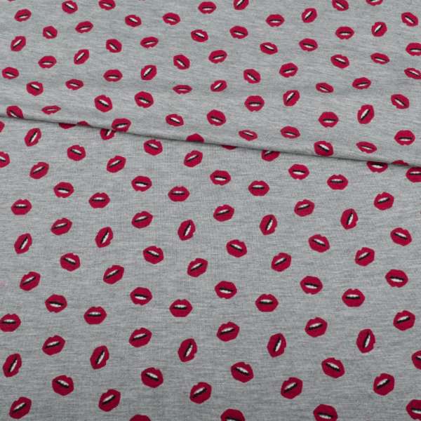 Трикотаж вискозный стрейч серый, красные губы, ш.150