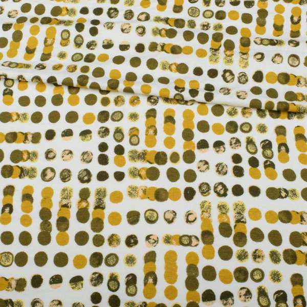 Трикотаж вискозный стрейч белый, оливковый, горчичный горох, ш.150