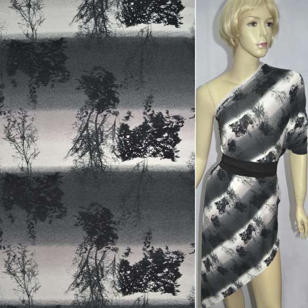 Трикотаж вискозный стрейч в серо-бежевые полоски с деревьями ш.149