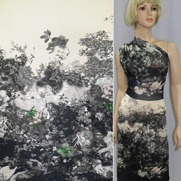 Трикотаж вискозный стрейч кремово-серый с цветами (раппорт) ш.140