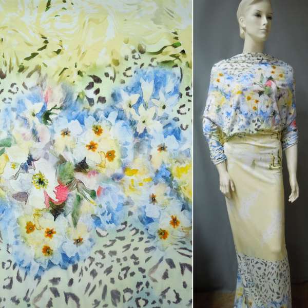 Трикотаж віскозний стрейч молочно-салатовий з синіми квітами і коричневим леопардом ш.146