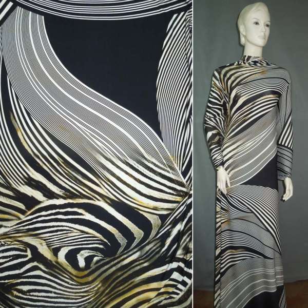 Трикотаж вискозный стрейч черный с белыми диагональными полосками ш.150