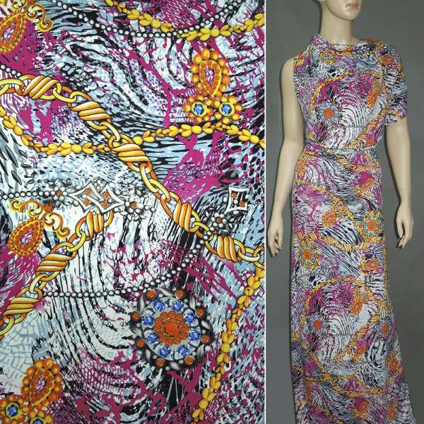 Трикотаж вискозный стрейч молочно-серый с желто-малиновыми цепями и разводами (принт) ш.153