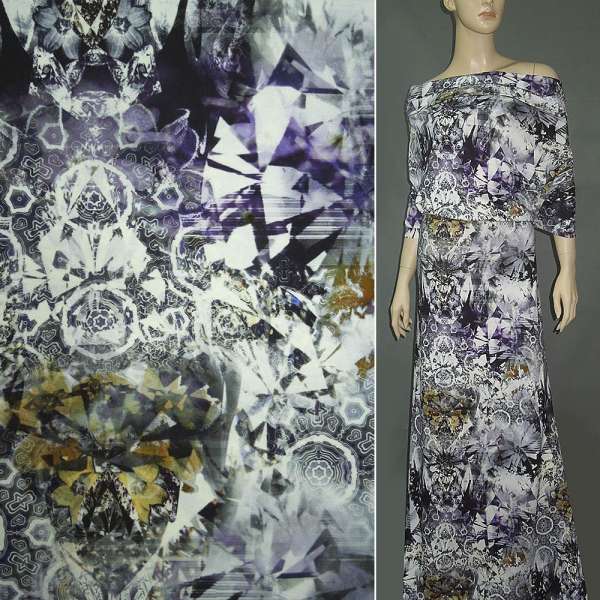 Трикотаж віскозний стрейч молочно-сірий різнокольоровий калейдоскоп (принт) ш.145