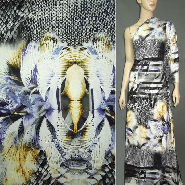 Трикотаж вискозный стрейч серо-белый рептилия + цветы раппорт (принт) ш.145