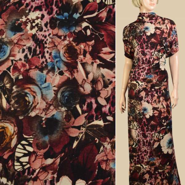 Трикотаж з бавовною стрейч бежевий, чорно-бордові квіти, метелики, ш.152