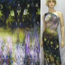 Трикотаж вискозный стрейч черный в фиолетовые, белые, зеленые разводы ш.142