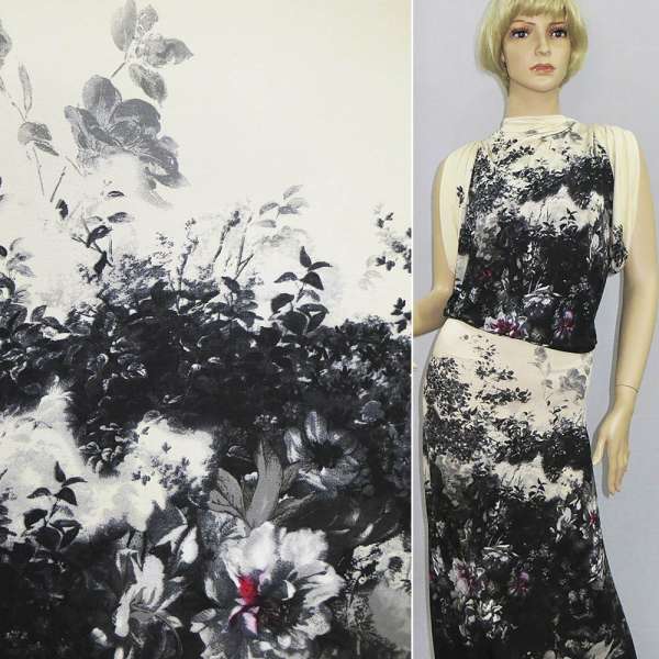 Трикотаж вискозный стрейч кремово-черный раппорт с цветами ш.155