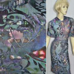 Трикотаж вискозный стрейч серо-голубой в цветы и мелкие квадраты ш.135