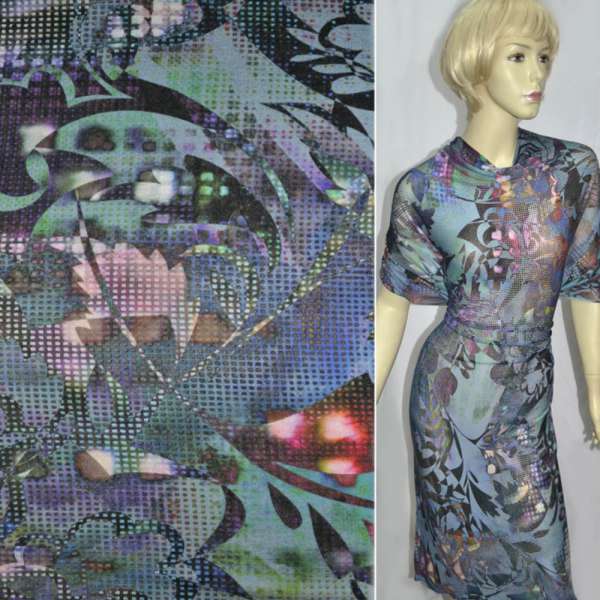 Трикотаж віскозний стрейч сіро-блакитний в квіти і дрібні квадрати ш.135