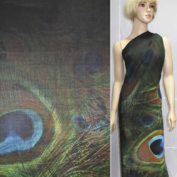 Трикотаж вискозный мокрый стрейч черный с перьями павлина ш.143