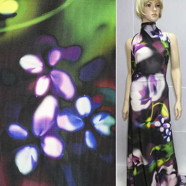 Трикотаж вискозный мокрый стрейч черный с салатово-сиреневым цветами ш.147