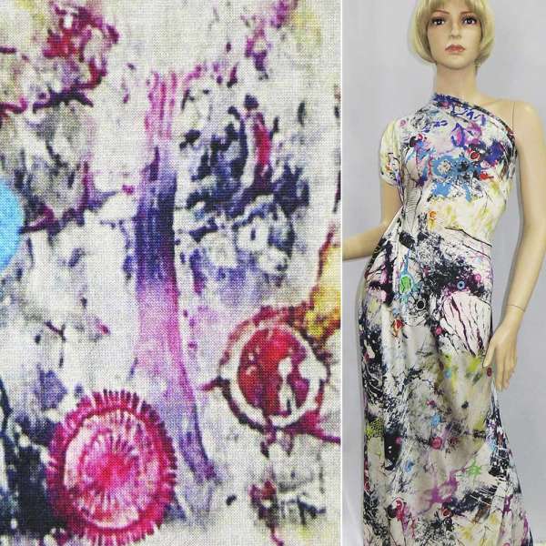 Трикотаж вискозный молочный с черно-синим и желтым абстрактным рисунком ш.151