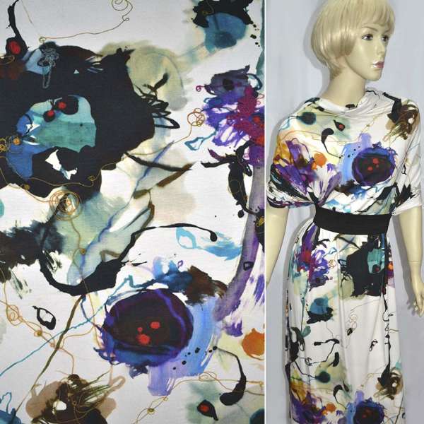 Трикотаж вискозний стрейч белый в абстрактный разноцветный рисунок ш.145