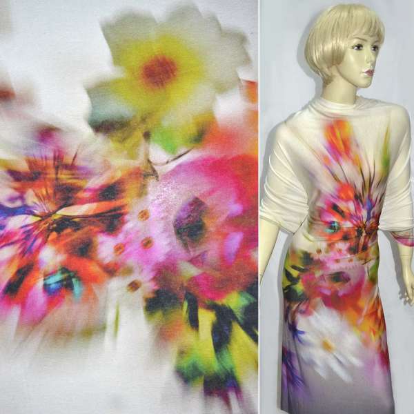 Трикотаж вискозный стрейч молочный купон в яркий раппорт ш.145