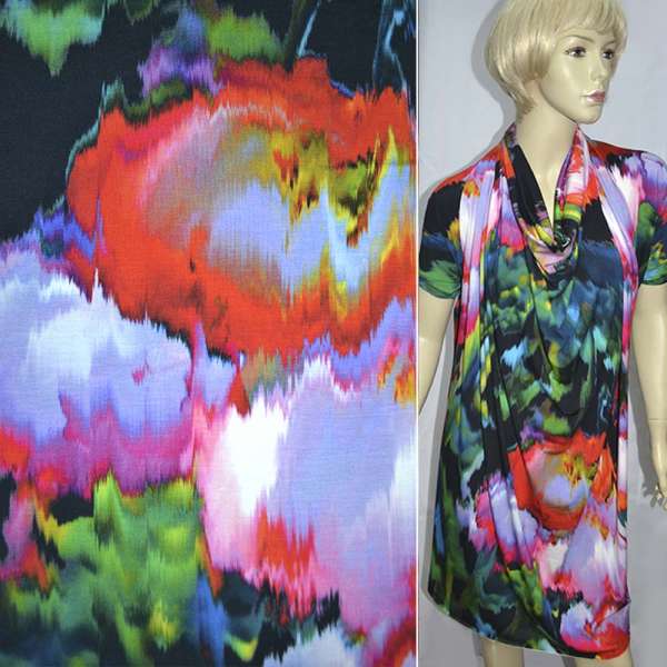 Трикотаж вискозный стрейч сиренево-оранжевый, зелено-черный рисунок сияние ш.140