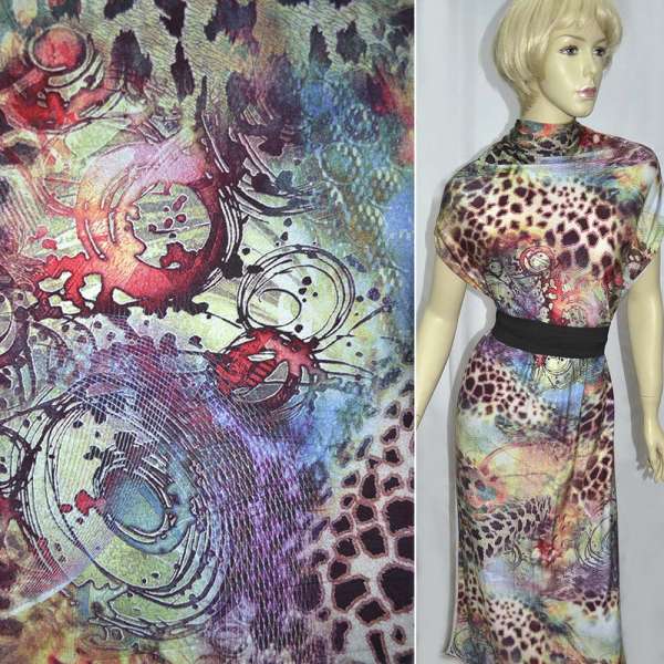 Трикотаж вискозный стрейч коричнево-зеленый принт леопард с каплями ш.150