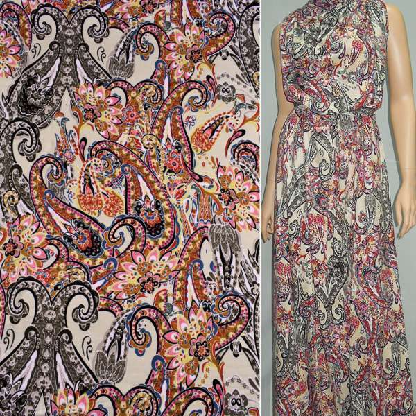 Трикотаж вискозный стрейч молочный в коричнево-розовые и серые цветы и огурцы ш.152