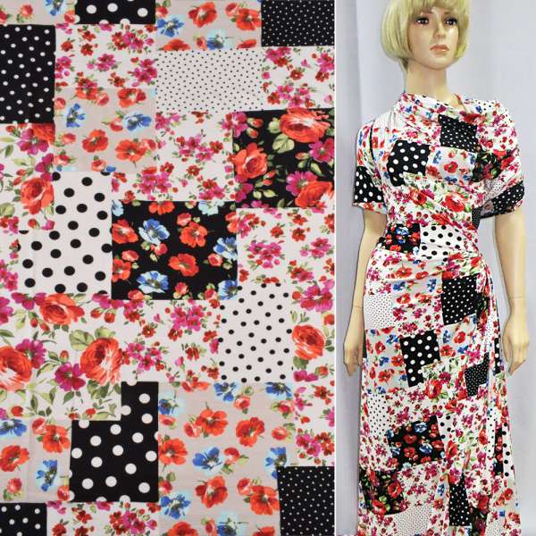 Трикотаж вискозный стрейч белый квадраты пэчворк, цветы, горох ш.150