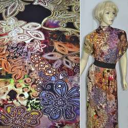 Трикотаж вискозный стрейч черный бежевые вензеля ш.150