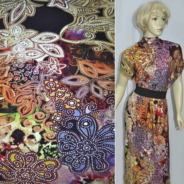 Трикотаж вискозный стрейч черный бежевые вензеля ш.150