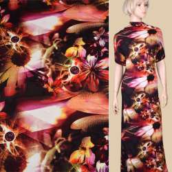 Трикотаж вискозный стрейч черный фиолетово-красные цветы ш.150