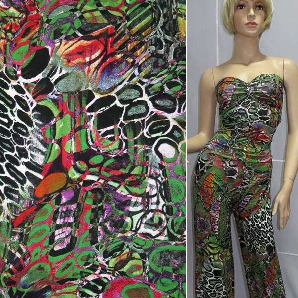 Трикотаж віскозний стрейч зелений в малиново-чорні кола ш.150