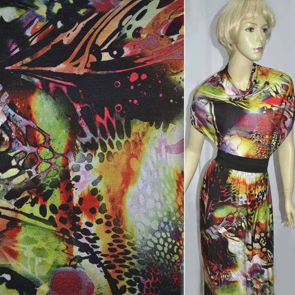 Трикотаж вискозный стрейч оранжево-черно-красный абстрактный рисунок ш.150