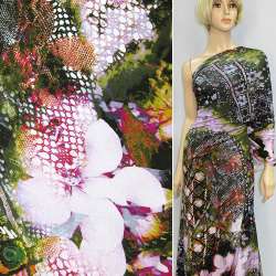 Трикотаж вискозный стрейч черно-зеленый с сиреневыми цветами и камешками ш.153