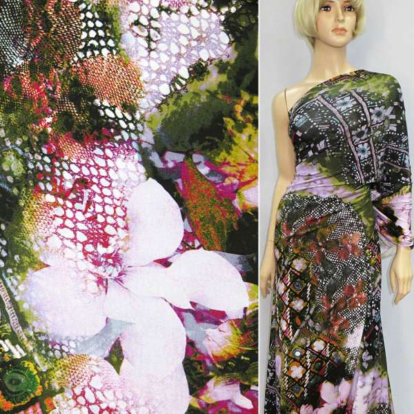 Трикотаж вискозный стрейч черно-зеленый с сиреневыми цветами и камешками ш.153