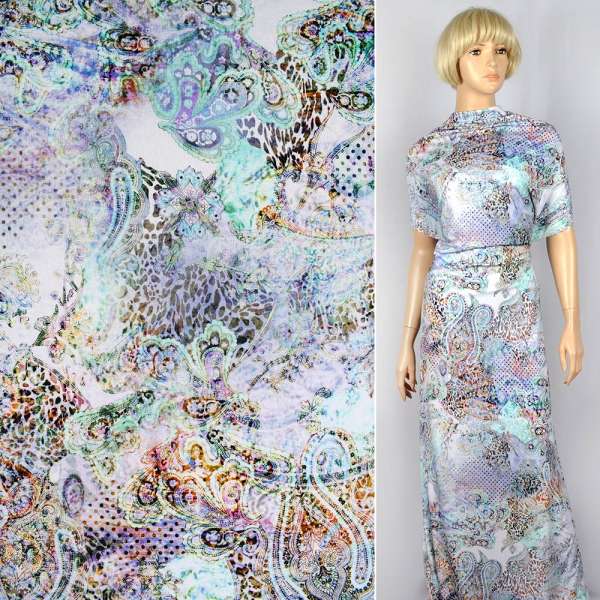 Трикотаж вискозный стрейч "Apanage" белый в зелено-рыже-голубой растительный принт ш.145