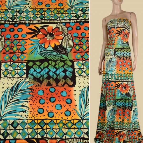 Трикотаж вискозный стрейч зелено-оранжевый с листьями и цветами ш.147