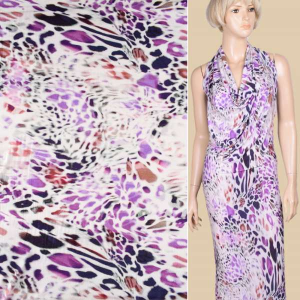 Трикотаж віскозний стрейч білий з бузково-чорним абстрактним малюнком ш.133