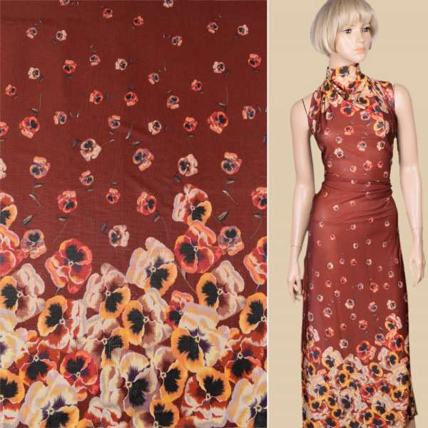 Трикотаж вискозный стрейч коричневый, двухсторонний купон анютины глазки(мокр) ш.145