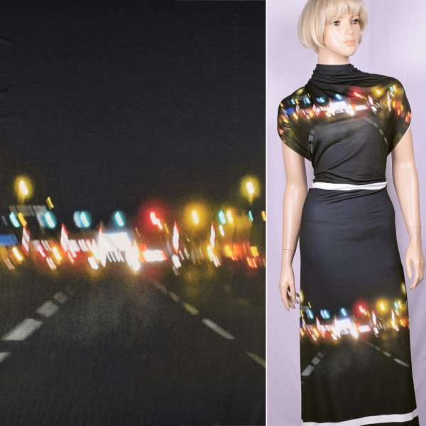 Трикотаж вискозный стрейч черный с яркой желто-белой полосой (раппорт) ш.147