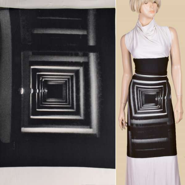 Трикотаж вискозный стрейч белый с черным квадратом (раппорт) ш.150