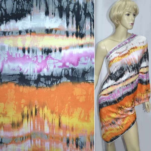 Трикотаж віскозний стрейч помаранчевий сірий + блідо-рожеві смуги з абстрактним малюнком ш.150