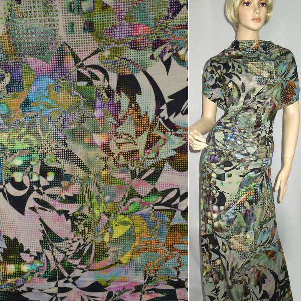 Трикотаж вискозный стрейч болотный светлый с разноцветным калейдоскопом ш.150