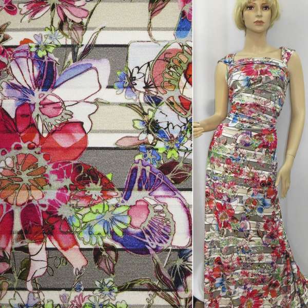 Трикотаж з віскозою стрейч в сіро-білі смужки з яскравими квітами ш.148