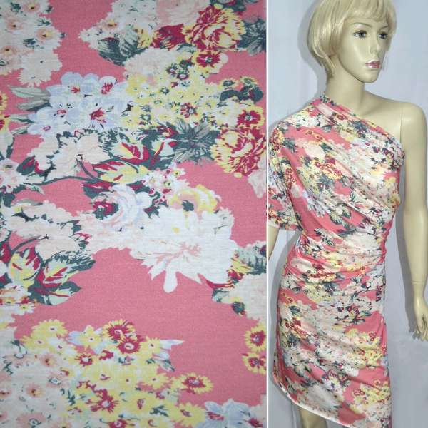 Трикотаж віскозний рожевий з букетами жовто-блакитних кольорів ш.155