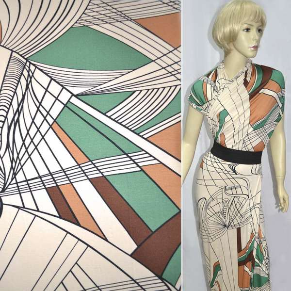 Трикотаж вискозный стрейч кремовый с коричнево-зелеными полосками и черным контуром ш.140