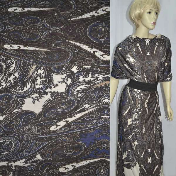 Трикотаж вискозний стрейч сине-молочный с коричневыми огурцами ш.150